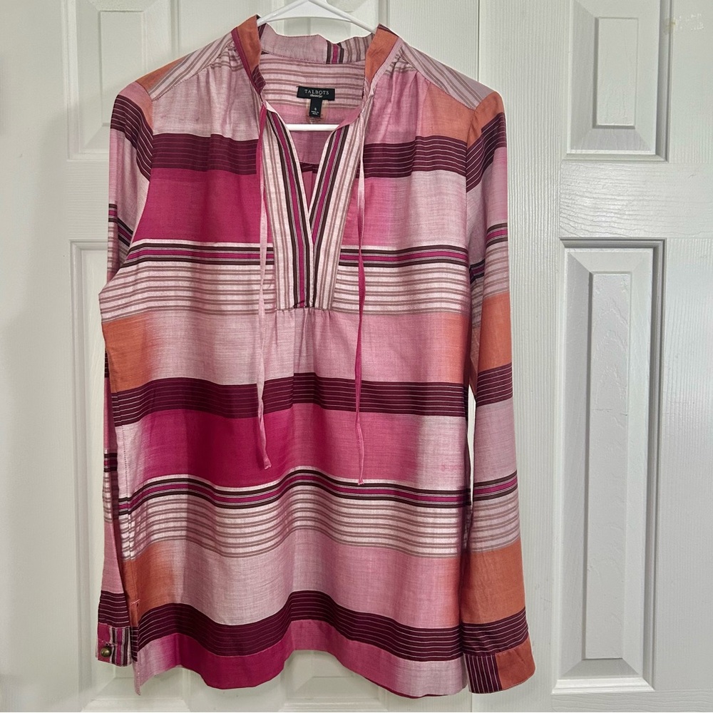 Talbots Pink V-Neck Long Sleeve Cotton Blend Tunic with Tie Front Size Small